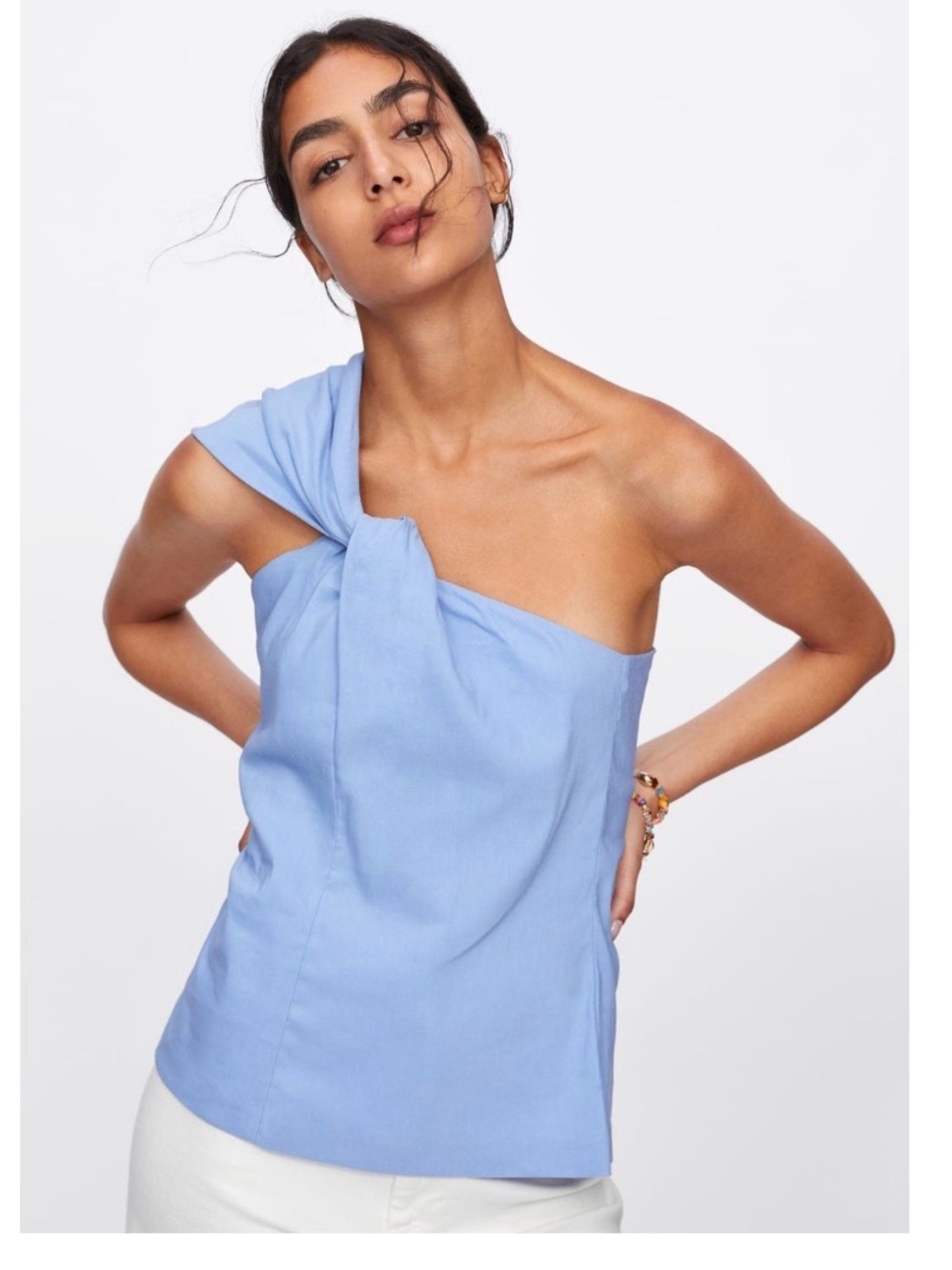 Zara Sky Blue One-Shoulder Knot Detail Top